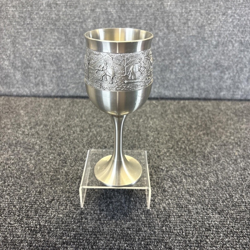 Oriental Pewter Thailand~Elephant Motif Pewter Wine Glass-6.75"